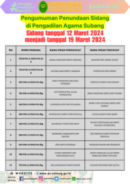 Pengumuman Penundaan Sidang di Pengadilan Agama Subang Sidang tanggal 12 Maret 2024 menjadi tanggal 19 Maret 2024