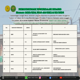 PENGUMUMAN PENUNDAAN SIDANG Sidang Hari Rabu tanggal 27 November 2024 DITUNDA dan menjadi hari Rabu tanggal 04 Desember 2024