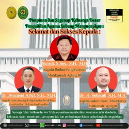 Pimpinan dan Segenap Keluarga Besar Pengadilan Agama Subang Mengucapkan : Selamat dan Sukses Kepada : Suradi, S.Sos., S.H., M.H Kepala Badan Pengawasan Mahkamah Agung RI Dr. Syamsul Arief, S.H., M.H. Kepala Badan Strategi Kebijakan dan Pendidikan dan Pelatihan Hukum dan Peradilan Dr. H. Sobandi, S.H.,M.H. Kepala Badan Urusan Administrasi Mahkamah Agung RI