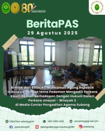 BeritaPAS – Bimtek dari BADILAG Mahkamah Agung Republik Indonesia dengan tema Pedoman Mengadili Perkara Kaum Rentan Berhadapan Dengan Hukum Dalam Perkara Jinayat – Wilayah 2 di Media Center Pengadilan Agama Subang