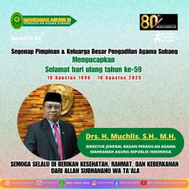 Segenap Pimpinan & Keluarga Besar Pengadilan Agama Subang Mengucapkan Selamat hari ulang tahun ke-59 10 Agustus 1996 – 10 Agustus 2025 Drs. H. Muchlis, S.H., M.H. DIREKTUR JENDRAL BADAN PERADILAN AGAMA MAHKAMAH AGUNG REPUBLIK INDONESIA