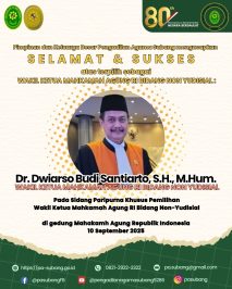 Pimpinan dan Keluarga Besar Pengadilan Agama Subang mengucapkan SELAMAT & SUKSES atas terpilih sebagai WAKIL KETUA MAHKAMAH AGUNG RI BIDANG NON YUDISIAL Dr. Dwiarso Budi Santiarto, S.H., M.Hum.