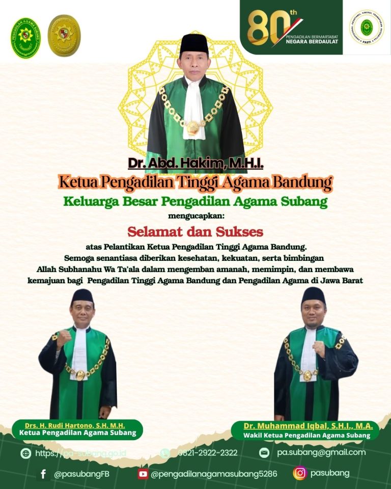 Selamat dan Sukses Ketua PTA Bandung Dr. Abd. Hakim, M.H.I. atas Pelantikan Ketua Pengadilan Tinggi Agama Bandung.