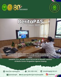 Kegiatan PERISAI BADILUM EPISODE 10 tentang PERMASALAHAN EKSEKUSI PERDATA, DAN PROSPEK PEMBAHARUAN HUKUM DALAM EKSEKUSI PERDATA OLEH : SUHARTO, S.H., M.HUM. WAKIL KETUA MA RI BIDANG YUDISIALdi Media Center Pengadilan Agama Subang