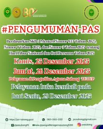 PENGUMUMAN-PAS Kamis, 25 Desember 2025Jum’at, 26 Desember 2025Pelayanan di Pengadilan Agama Subang TUTUPPelayanan buka kembali padahari Senin, 29 Desember 2025