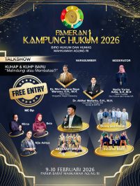 Pameran Kampung Hukum 2026 akan diselenggarakan pada 9 – 10 Februari 2026 mulai pukul 09:00 WIB bertempat di area Parkir Barat Gedung Mahkamah Agung RI, Jakarta.