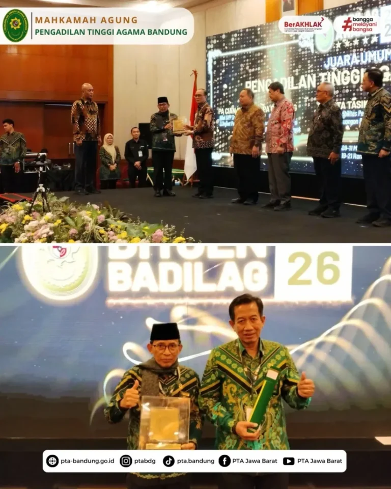 Pada ajang Badilag Awards 2026, Pengadilan Tinggi Agama Bandung berhasil meraih Juara Umum, sebagai bentuk apresiasi atas kinerja dan dedikasi seluruh satuan kerja di wilayah PTA Bandung.